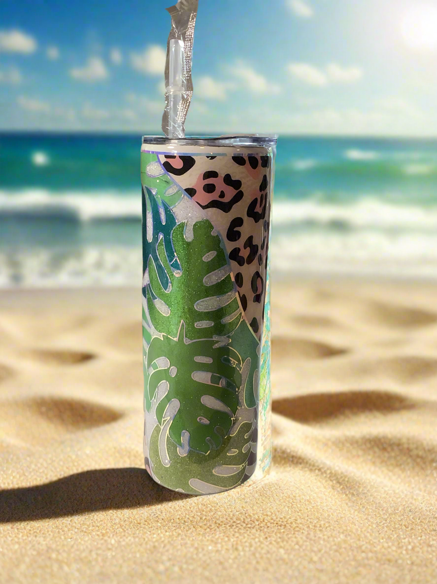 RTS 20oz tumbler “Salty Beach” monstera and animal print