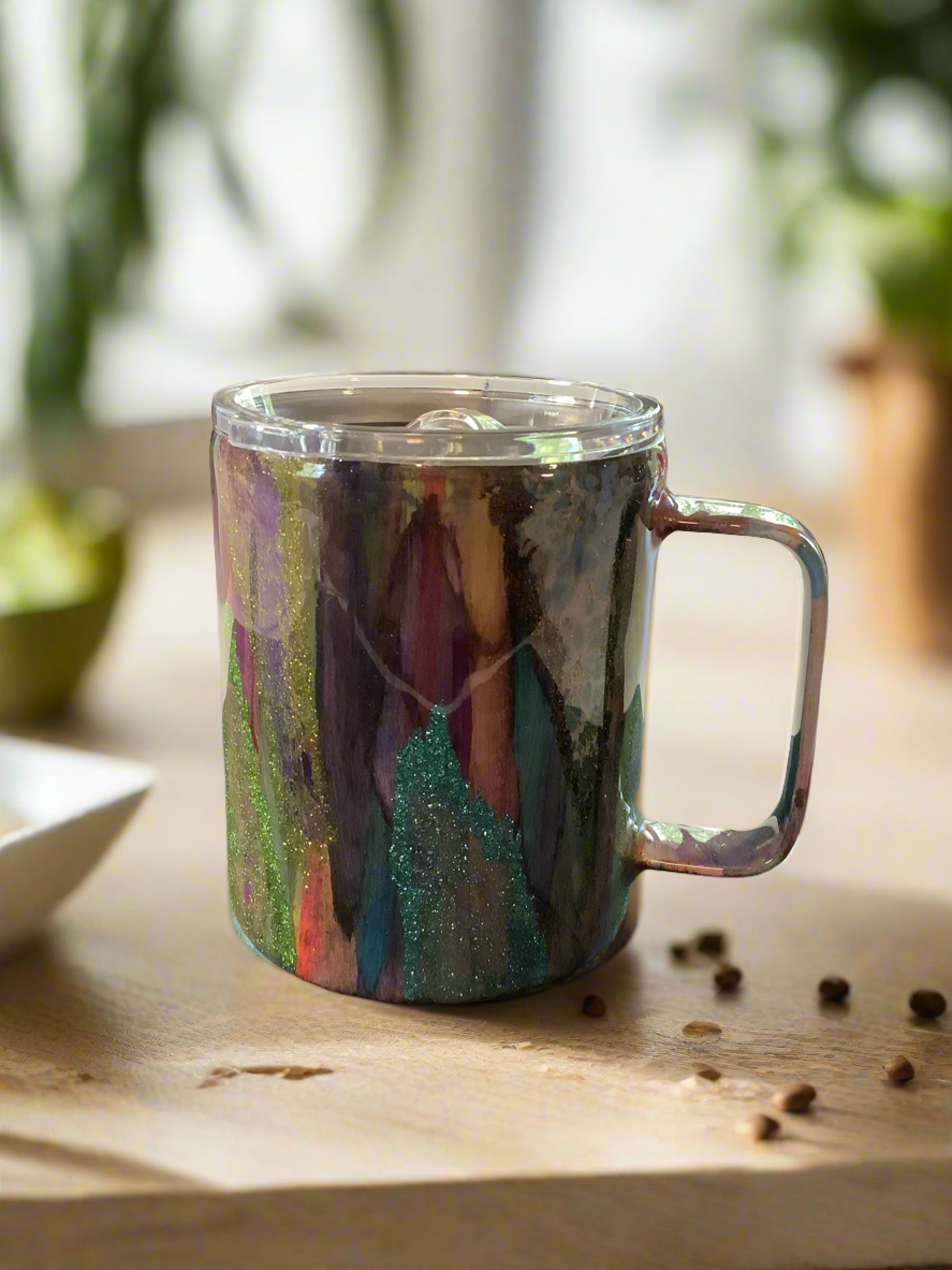 RTS 14oz coffee mug with wood grain and glitter